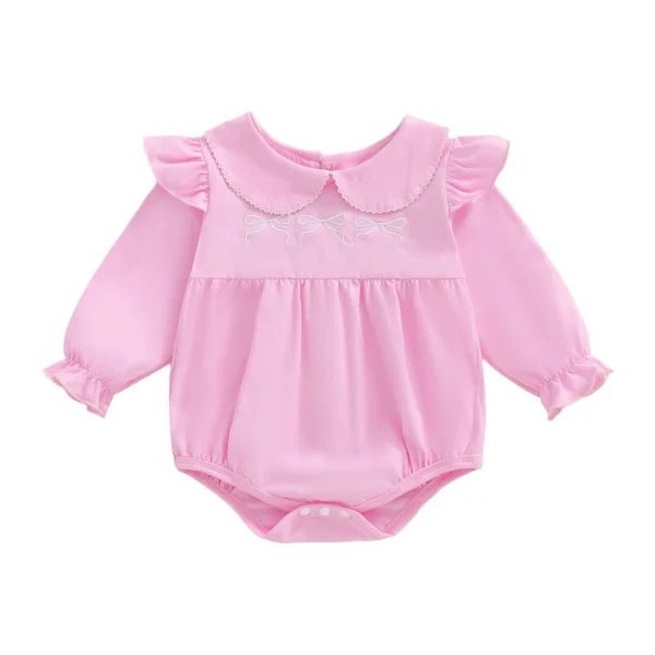 Embroidered Bow Collar Long Sleeve Romper