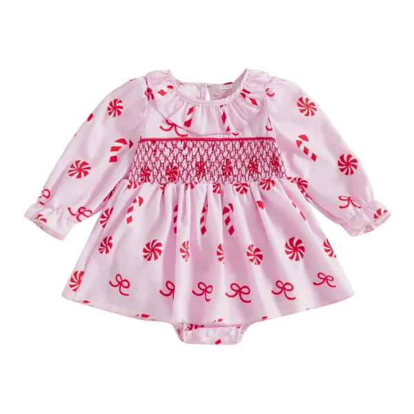 Candy Cane Print Long Sleeve Romper Dress