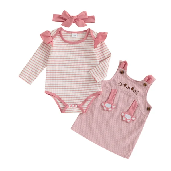 Striped Long Sleeve Romper with Cat Pattern and Bow Headband Set