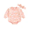 Goose Print Long Sleeve Bubble Romper with Bow Headband