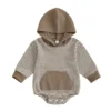 Striped Long Sleeve Hooded Romper with Front Pocket