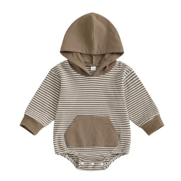 Striped Long Sleeve Hooded Romper with Front Pocket