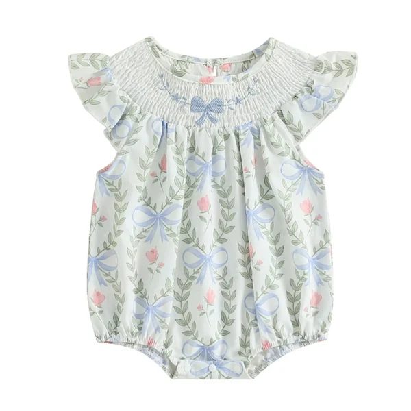 Floral Print Baby Romper with Bow and Fly Sleeves