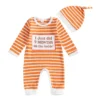 Striped Letter Print Long Sleeve Infant Bodysuit with Hat