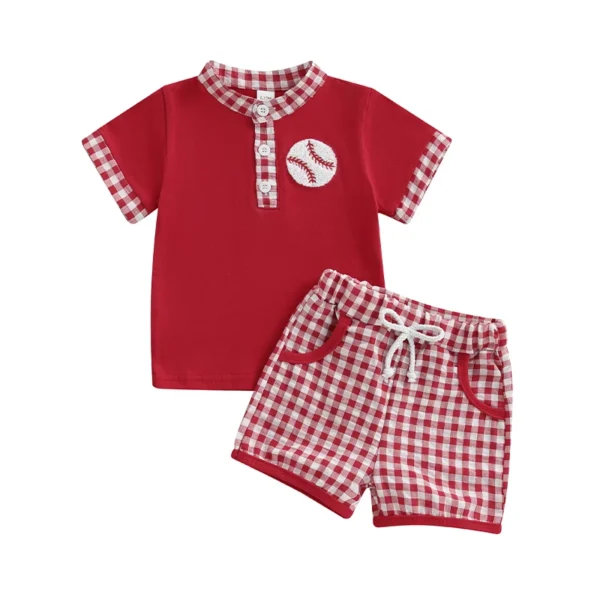 Embroidered Baseball T-Shirt and Plaid Shorts Set