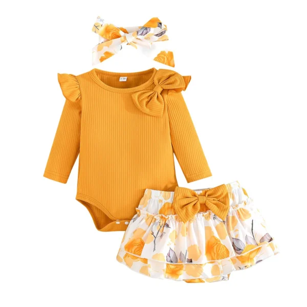 Cute Long Sleeve Bow Jumpsuit with Headband and Skirt Set