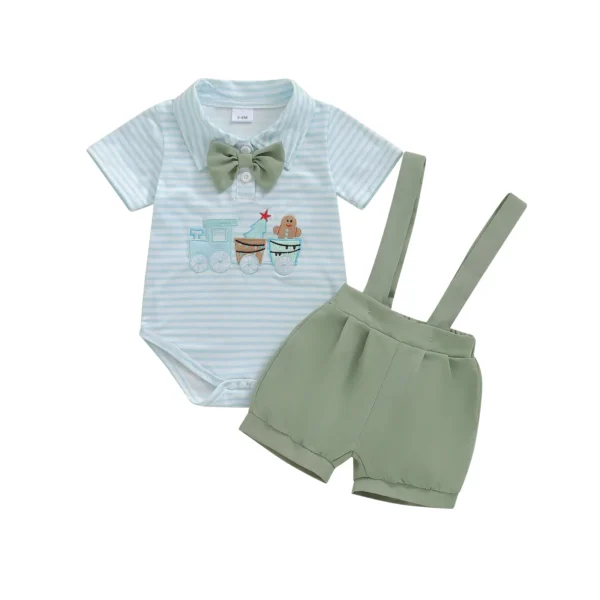 Striped Embroidered Romper and Suspender Shorts Set