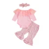 Lace Trim Long Sleeve Romper with Plaid Flared Pants and Headband Set