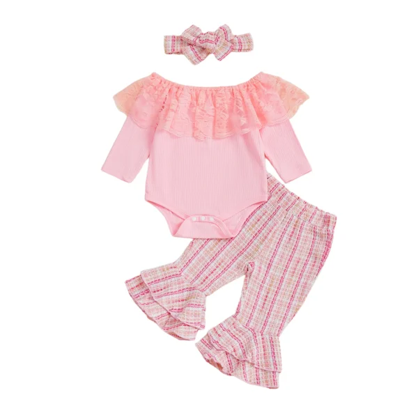 Lace Trim Long Sleeve Romper with Plaid Flared Pants and Headband Set