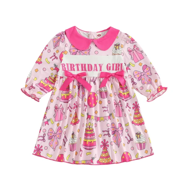 Balloon Print A-Line Dress with Long Sleeves and Doll Collar