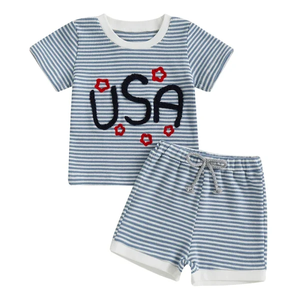 Striped Short Sleeve T-Shirt and Shorts Set with Embroidery