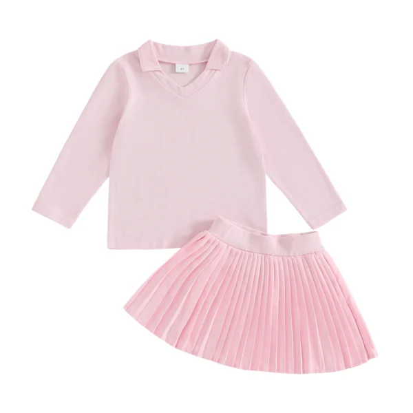 Long Sleeve Collar T-Shirt with Pleated Skirt Set