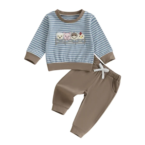 Striped Animal Embroidery Long Sleeve Outfit with Elastic Waist Pants