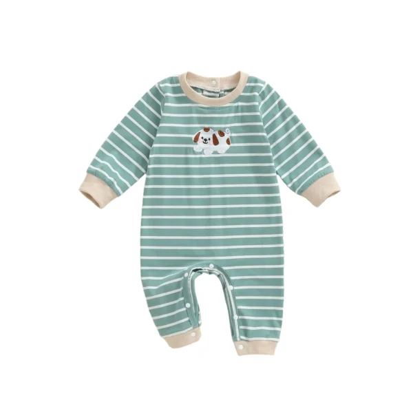 Striped Dog Embroidery Long Sleeve Romper