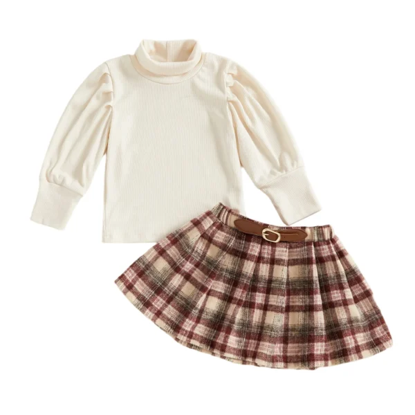 Solid Color Long Sleeve High Neck Top with A-line Plaid Skirt Set