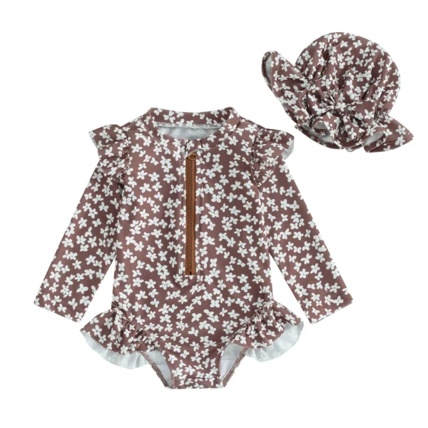 Vintage Floral Print Long Sleeve Baby Swimwear with Cap