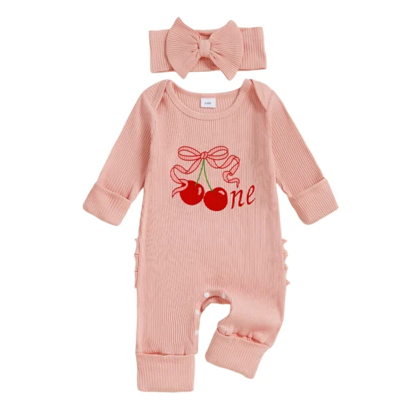 Cherry Strawberry Print Long Sleeve Jumpsuit with Bow Headband Set