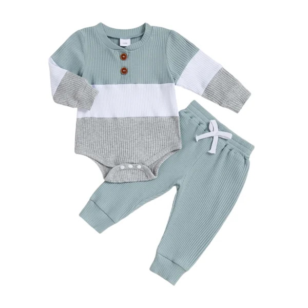 Fashionable Long Sleeve Contrast Color Romper with Solid Pants Set