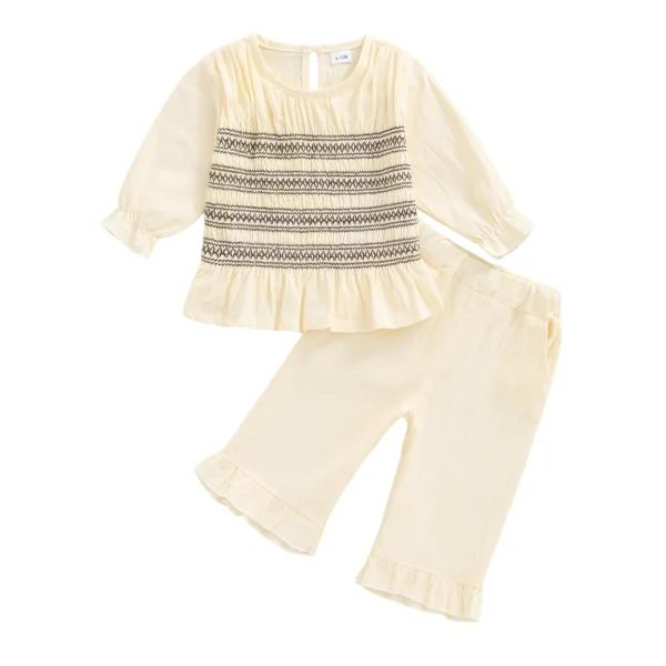 Smocked Long Sleeve Top with Ruffle Pants Set
