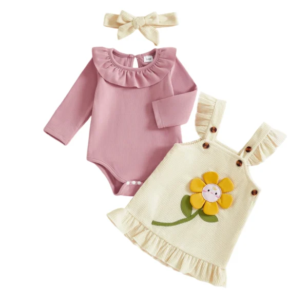 Solid Long Sleeve Ruffled Romper Dress with Sunflower Embroidery and Bow Headband Set