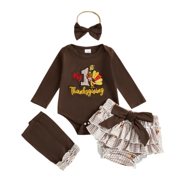 Thanksgiving Infant Outfit Set with Romper, Shorts, Headband, and Socks