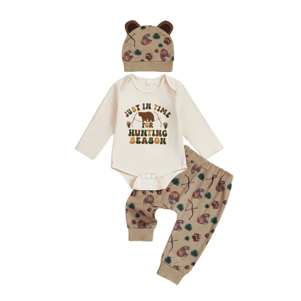 Long Sleeve Letter Print Romper with Animal Pattern Pants and Hat Set