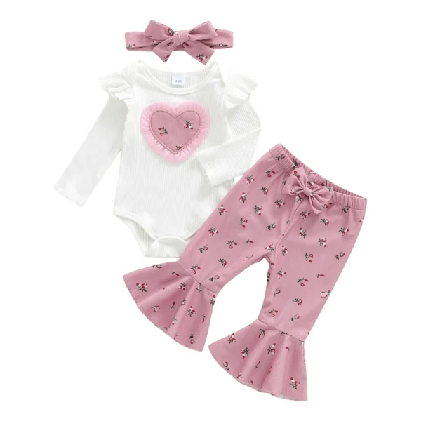 Heart Print Long Sleeve Romper with Floral Flare Pants and Bow Headband Set