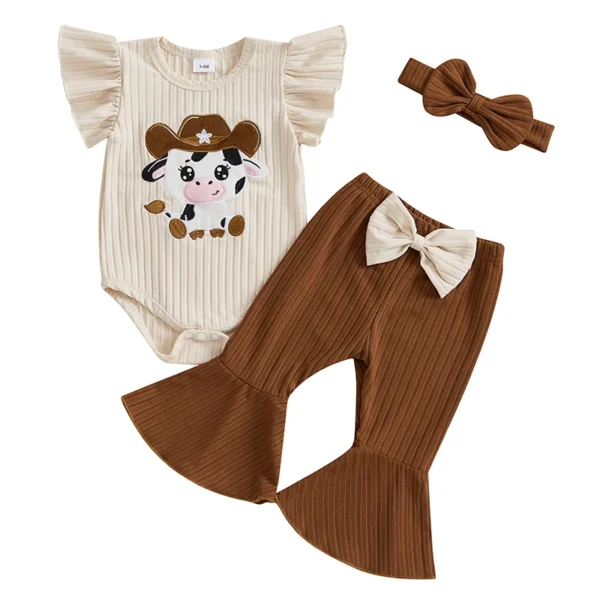 Cute Baby Summer Cow Romper with Flared Pants and Headband Set