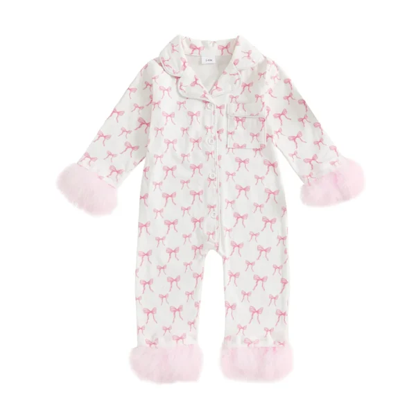 S1e7cfa6b4e874623a518be8b6d6a28a9J.webp Footless Bow Print Pajamas with Lapel V Neck and Long Sleeves