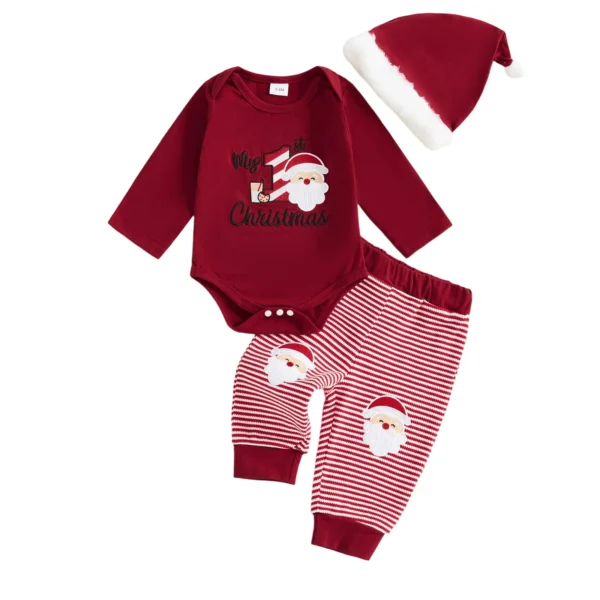Christmas Outfit with Santa Embroidery, Long Sleeve Romper, Stripe Pants, and Hat