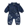 Denim Jumpsuit Heart Print Long Sleeve Belted Romper