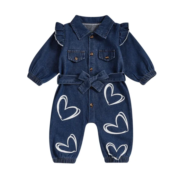 Denim Heart Print Jumpsuit with Belt and Pockets