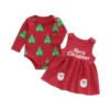 Christmas Tree Print Long Sleeve Romper with Suspender Skirt Set
