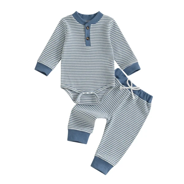Striped Long Sleeve Romper and Elastic Waist Pants Set