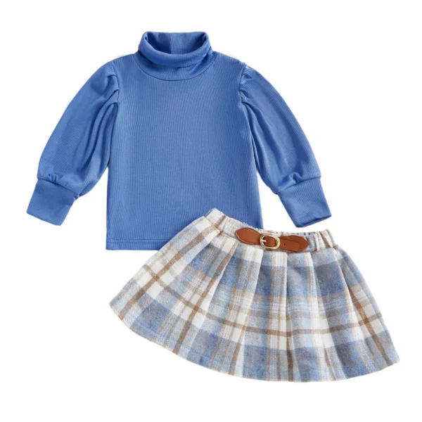 Turtleneck Long Sleeve Top and Plaid Skirt Set