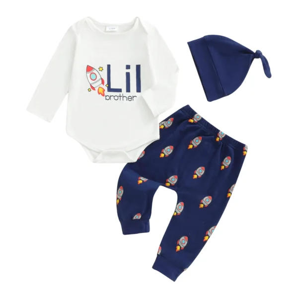 Rocket Print Long Sleeve Romper and Joggers Set with Hat
