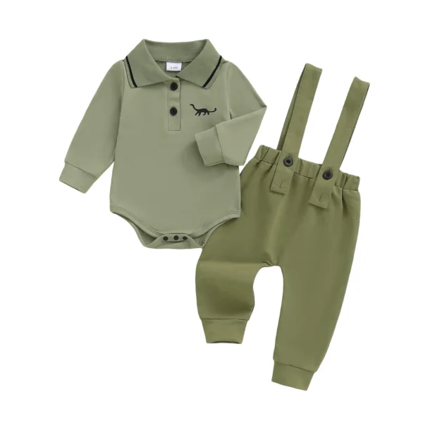 Dinosaur Embroidered Long Sleeve Romper and Suspender Pants Set