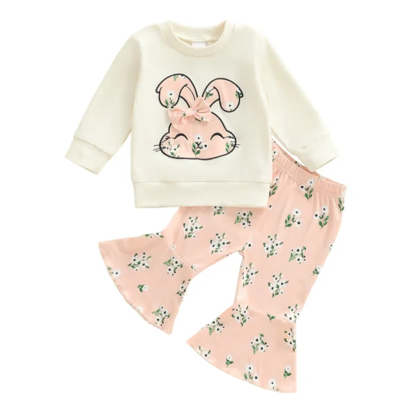 Bunny Print Long Sleeve Pullover with Floral Flare Pants Set