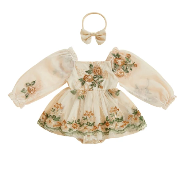 Off Shoulder Flower Embroidery Tutu Romper Dress with Bow Headband Set