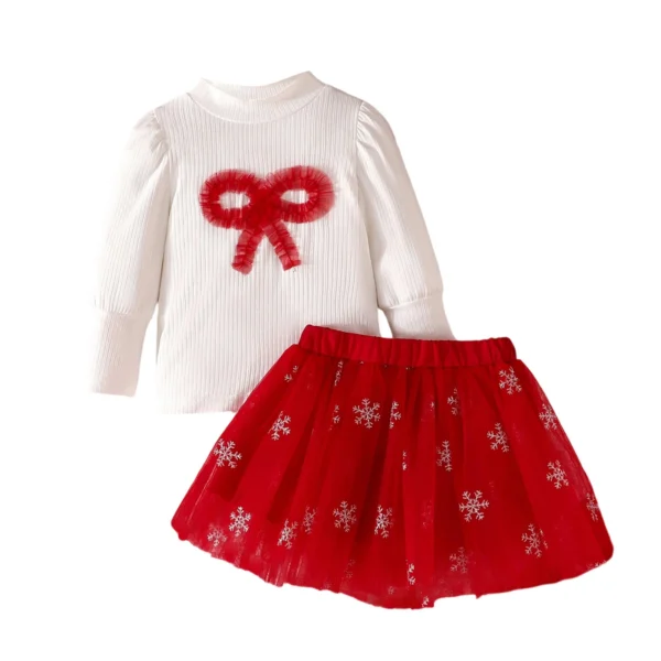 Christmas Outfit with Bow Long Sleeve T-Shirt and Tulle Skirt
