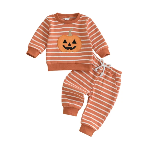 Striped Pumpkin Embroidery Sweatshirt and Pants Set