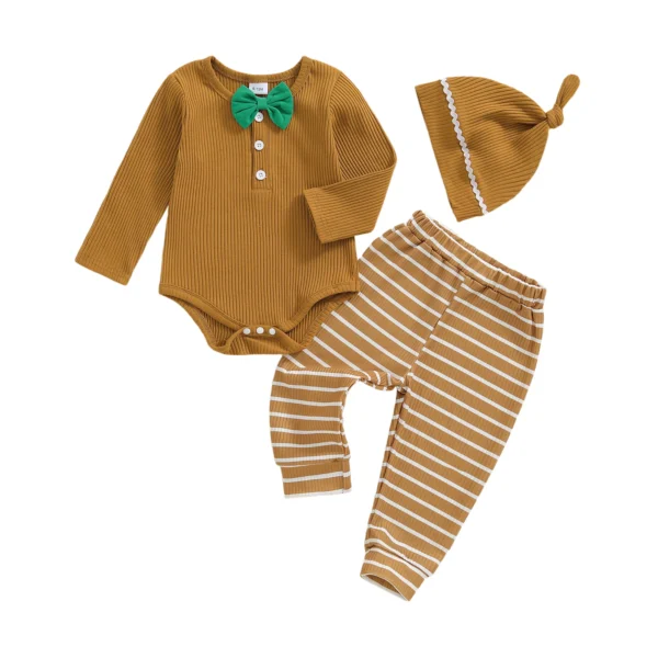 Fashionable Long Sleeve Romper with Striped Pants and Hat Set