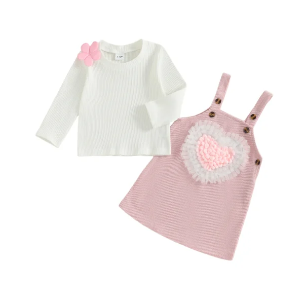3D Flower Long Sleeve Top with Heart Overall Dress Set