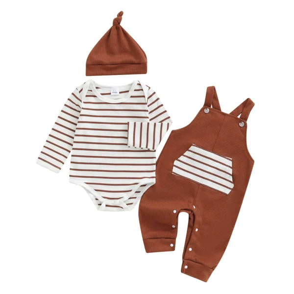 Striped Long Sleeve Romper Set with Overalls and Hat