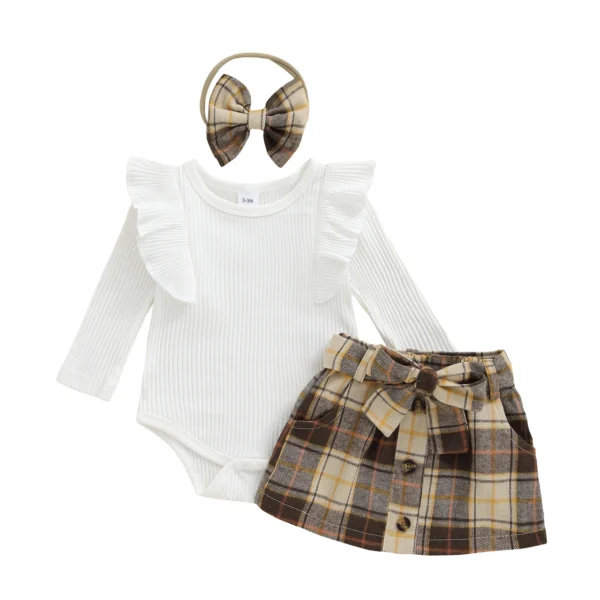 Fall Outfit Set with Long Sleeve Romper and Plaid Skirt