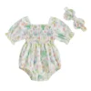 Floral Print Summer Romper with Bow Headband