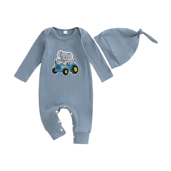 Ribbed Long Sleeve Romper with Elephant Embroidery and Hat