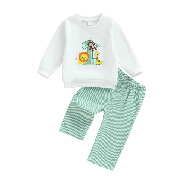 Animal Embroidery Long Sleeve Pullover with Stripe Pants Set