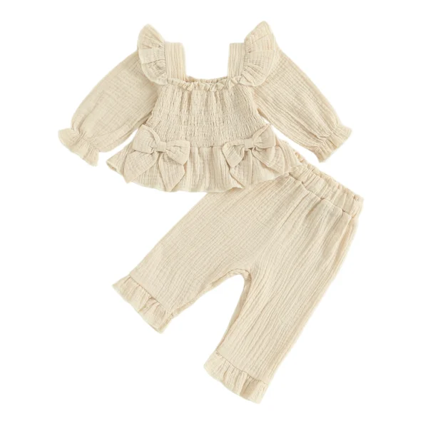 Ruffled Trim Smocked Square Neck Long Sleeve Top and Pants Set
