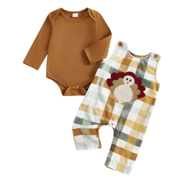Thanksgiving Turkey Embroidered Long Sleeve Baby Romper Set